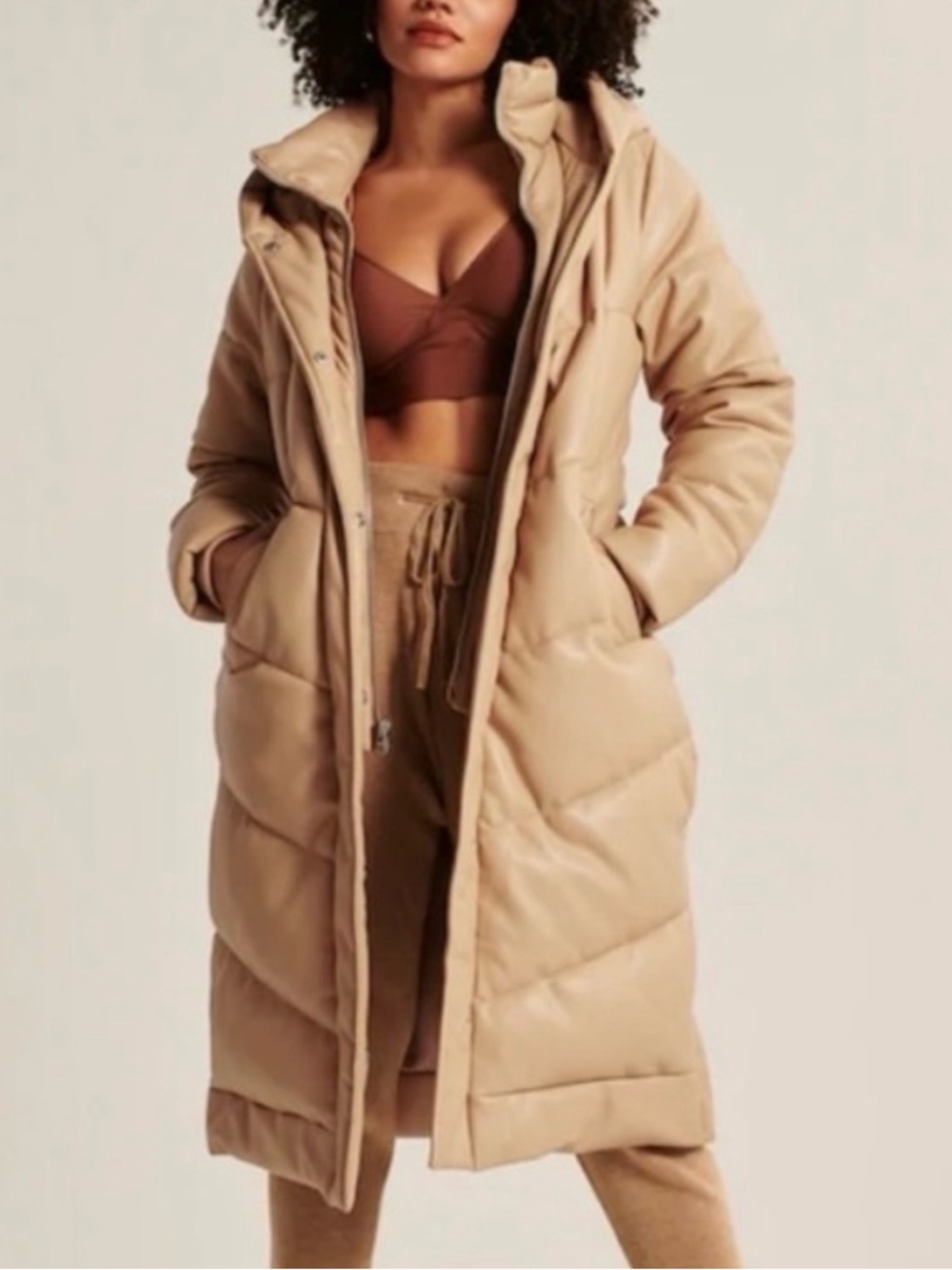 Abercrombie & Fitch Long Beige Vegan Leather Puffer Coat